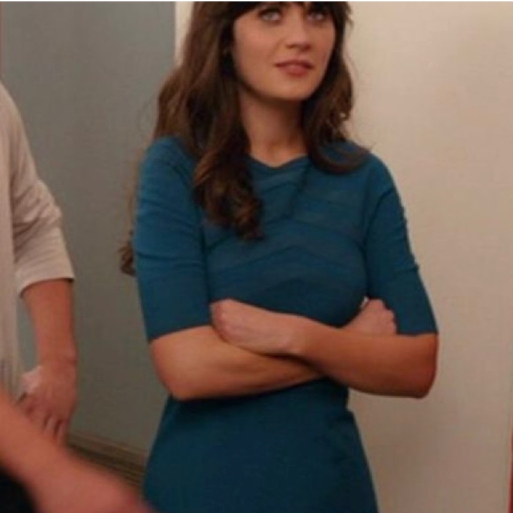 Karen Millen Chevron Teal Sweater Dress as seen on Zooey Deschanel